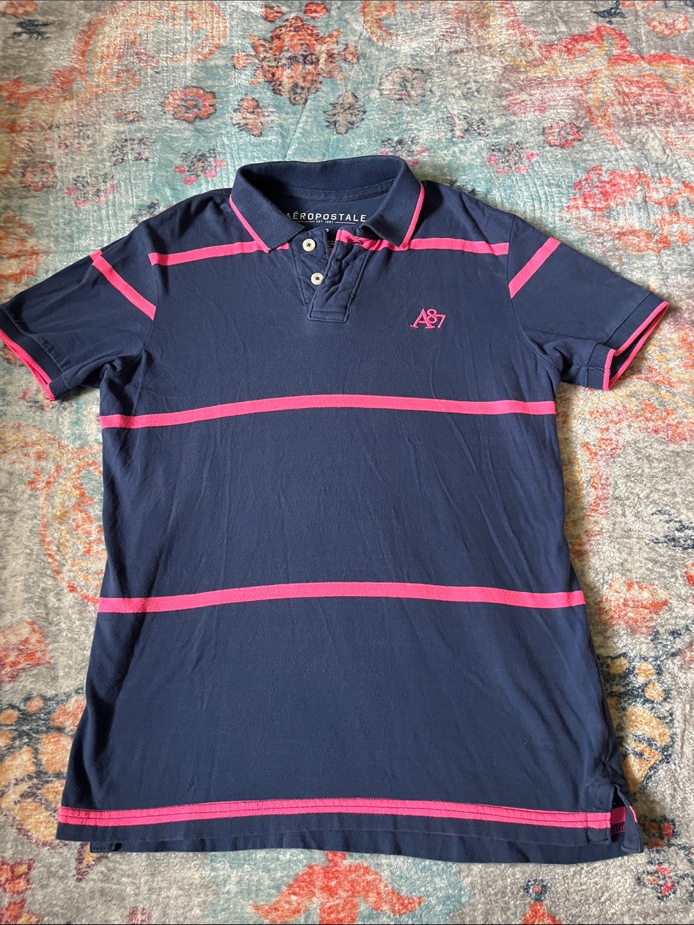 Aeropostale Navy Blue Polo with Pink Stripes